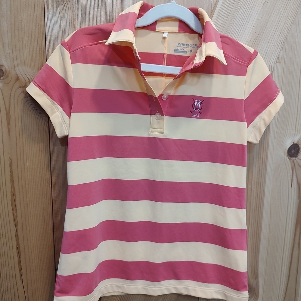 Nike Golf Dri-Fit‎ Girls Polo Shirt Sz Small Peach Pink Stripe Embroidered
